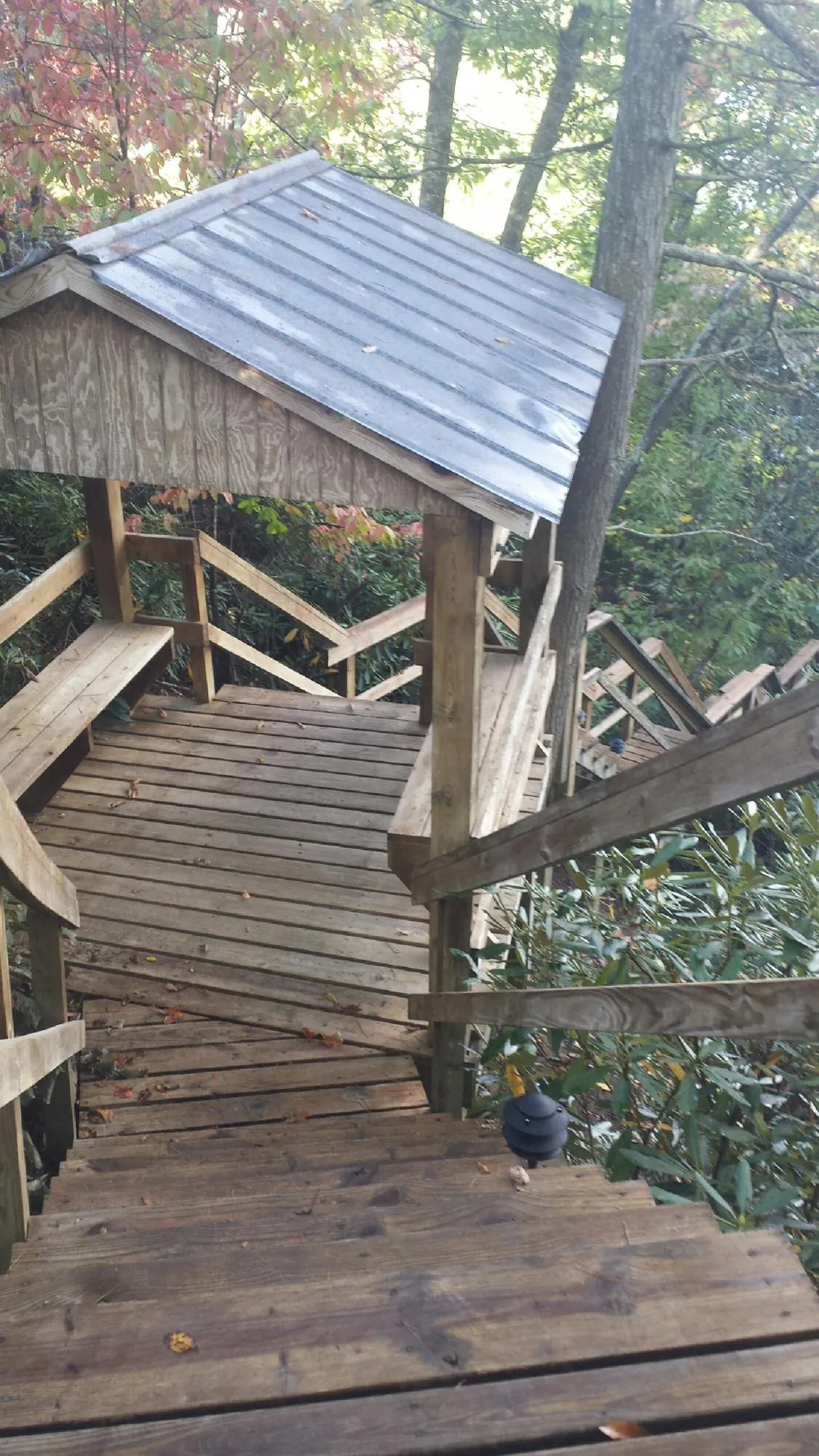 Metal roofed shelter over wooden steps on a wooded walkway — Skylight Repair & Installation work by our crew in Almo